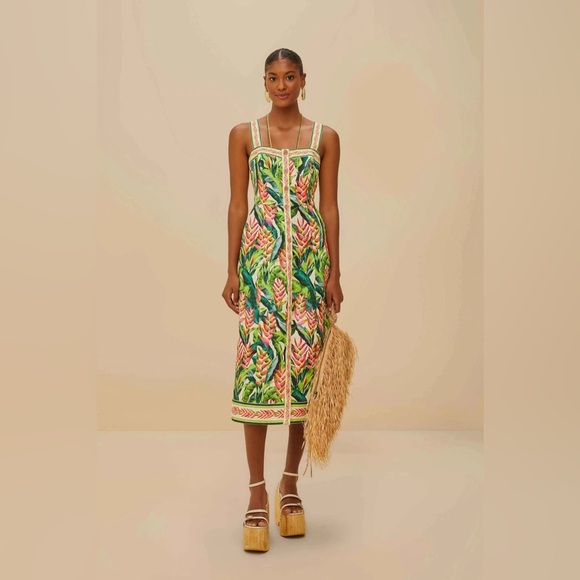 NEW | FARM Rio | Heli Leaves Button Front Linen Midi Dress | Sz L - Picture 2 of 12